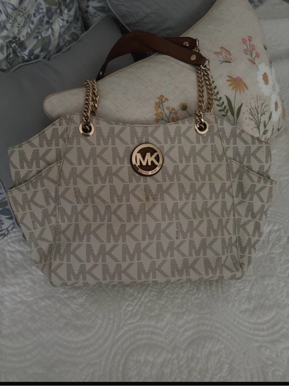 Michael Kors Cream MK Logo Tote with Gold-Tone Hardware
